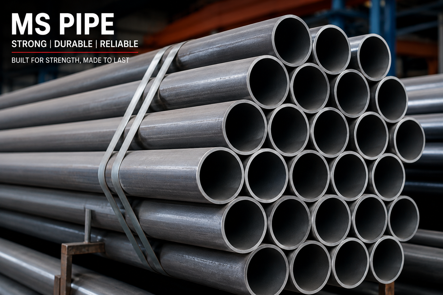 Mild Steel Pipes IS 1239 bundles stacked in steel warehouse yard - Mildsteelpipe.com